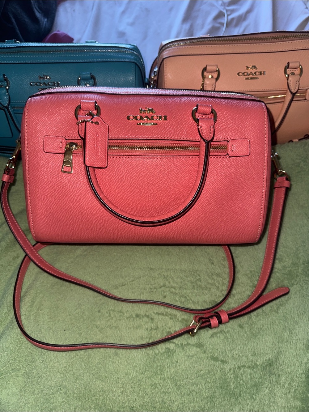 Coach Rowan Carnation Pink Pebbled Leather Satchel with Gold Hardware